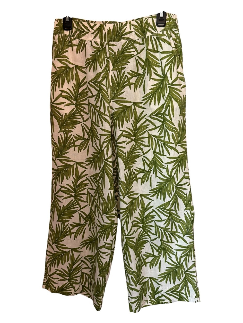 Nicole Miller New York 100% Linen Wide Leg Crop Pants Green Tropical Print Med